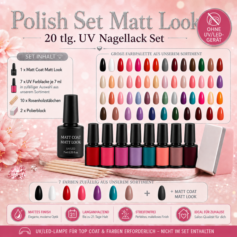 UV Polish Set " Matt Look " – 20-tlg.  UV Nagellack Set mit mattem Top Coat